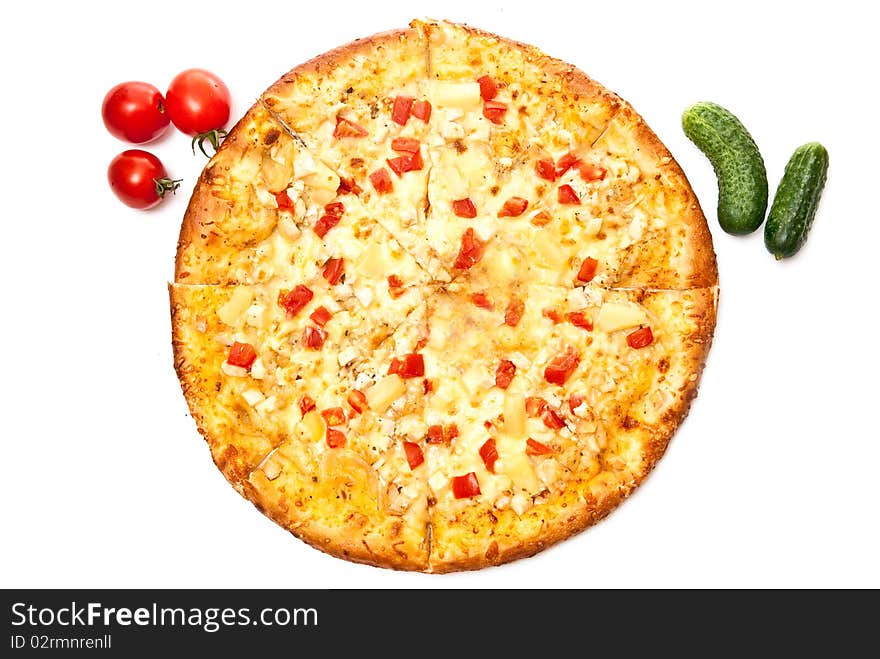 Fresh pizza with a vegteables. Isolated on white.