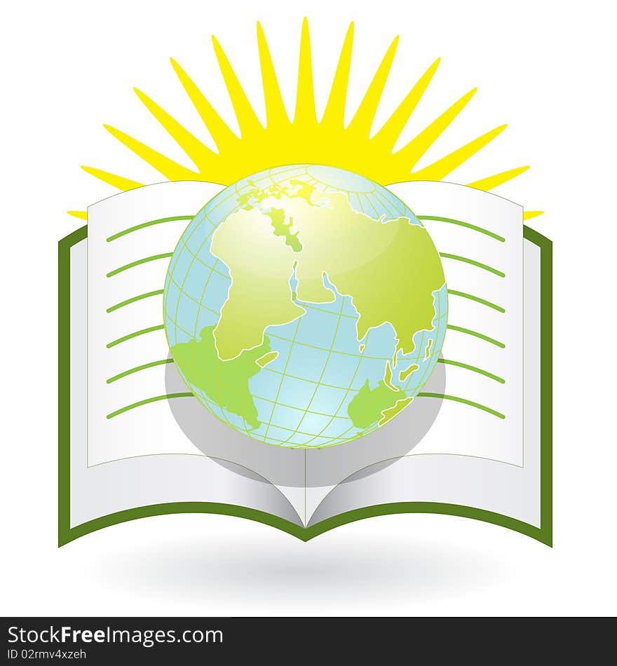 Illustration, globe on background of the book and sun. Illustration, globe on background of the book and sun