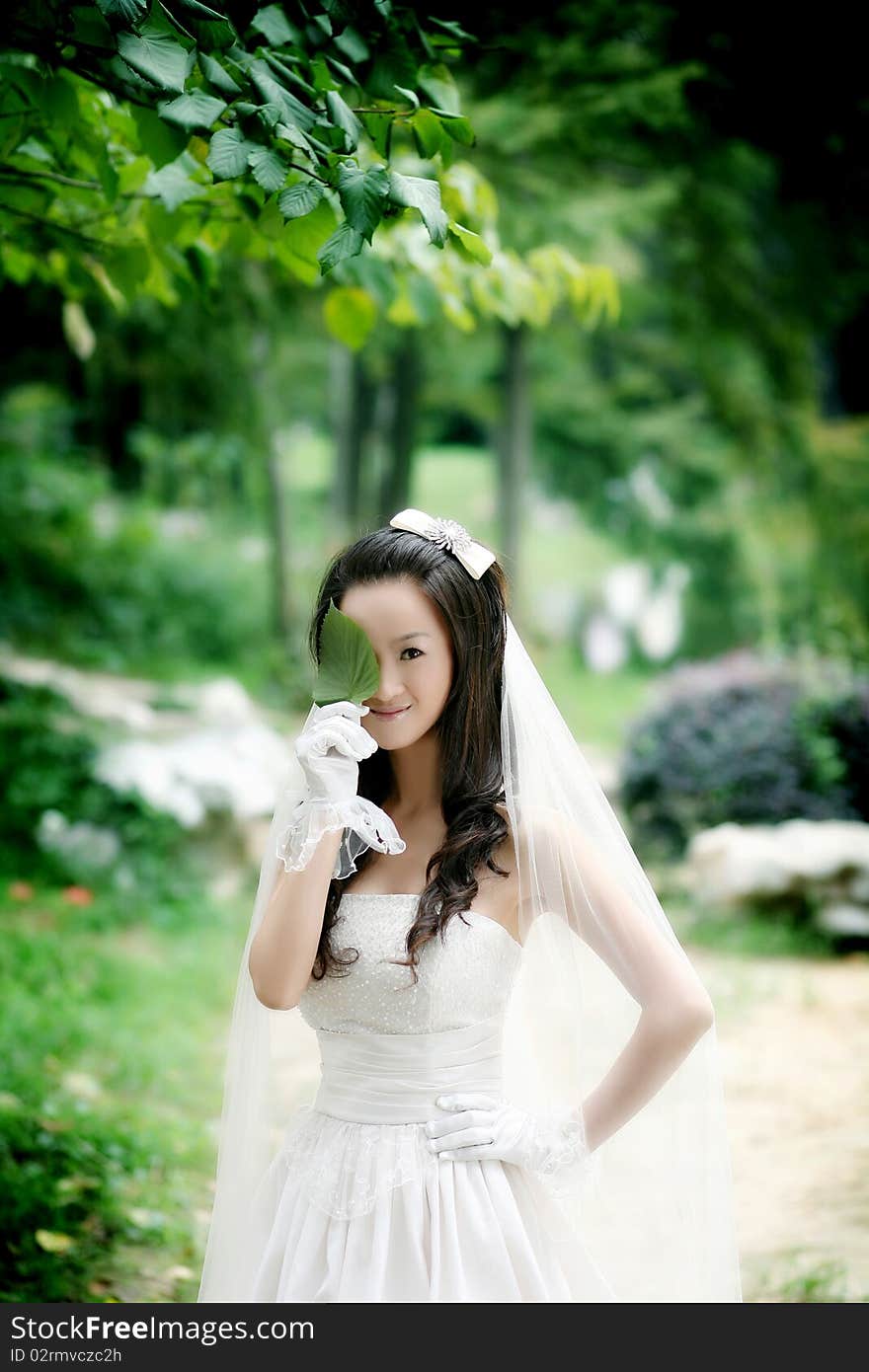 A portrait of a beautiful bride holding a green leaf. A portrait of a beautiful bride holding a green leaf