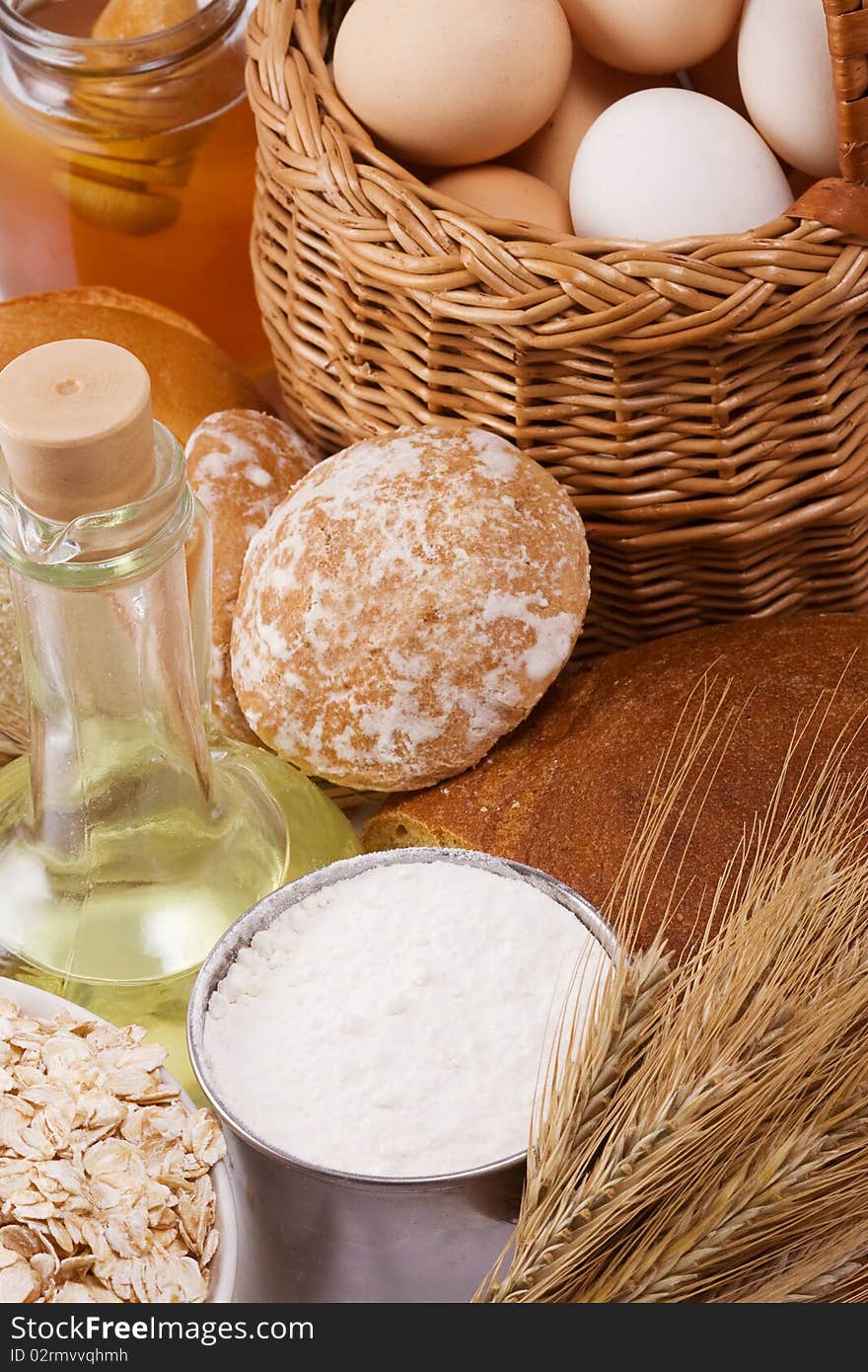 Set of bakery products on table