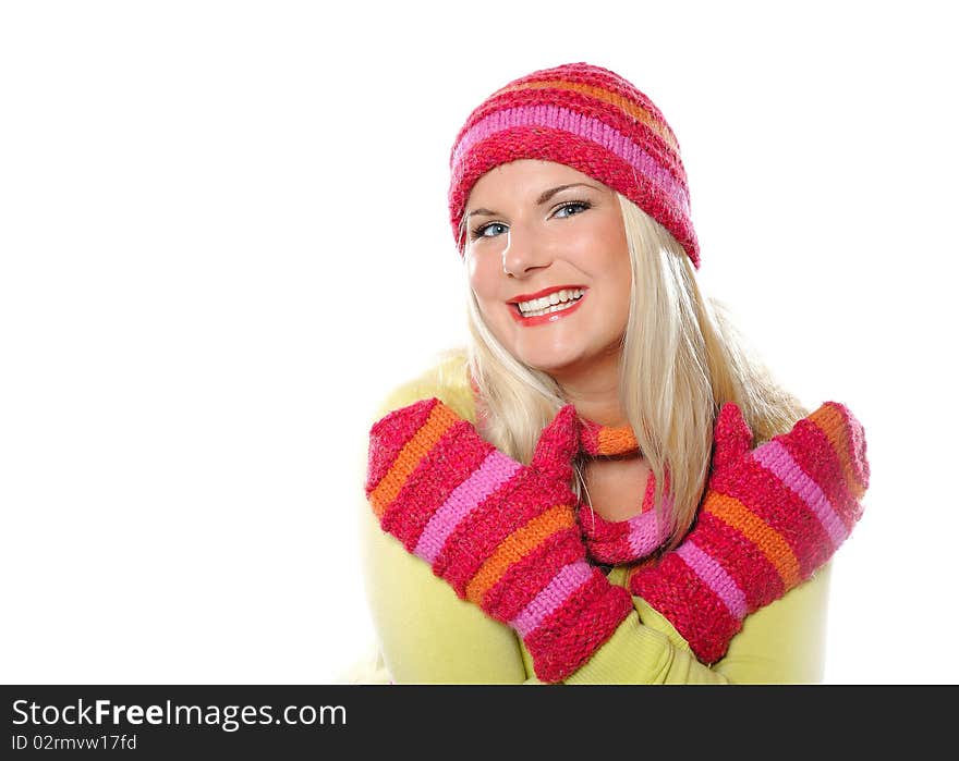 Seasonal portrait of pretty funny woman in hat and gloves smiling. white background. Seasonal portrait of pretty funny woman in hat and gloves smiling. white background