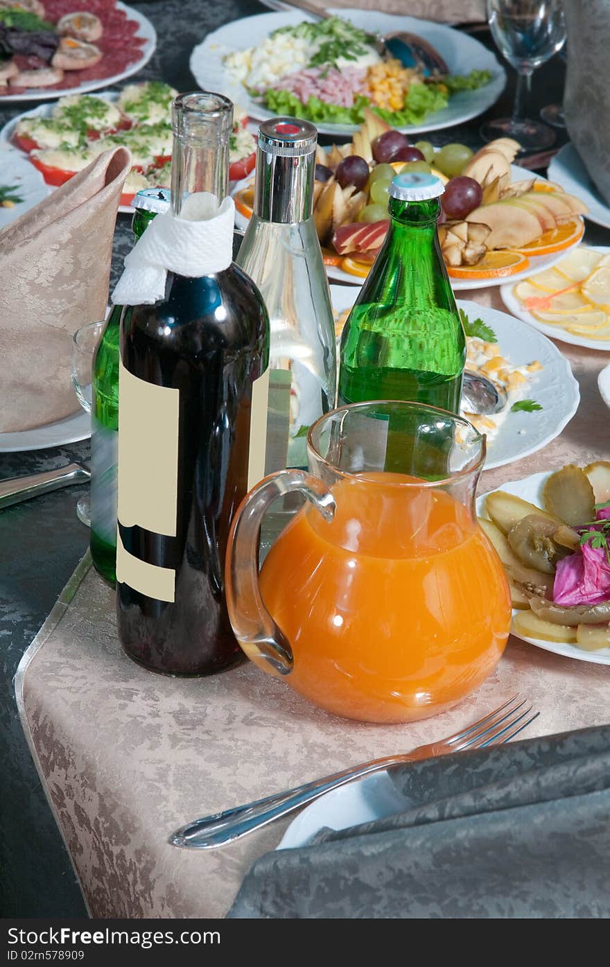 Many various meal and spirits on a celebratory table. Many various meal and spirits on a celebratory table.