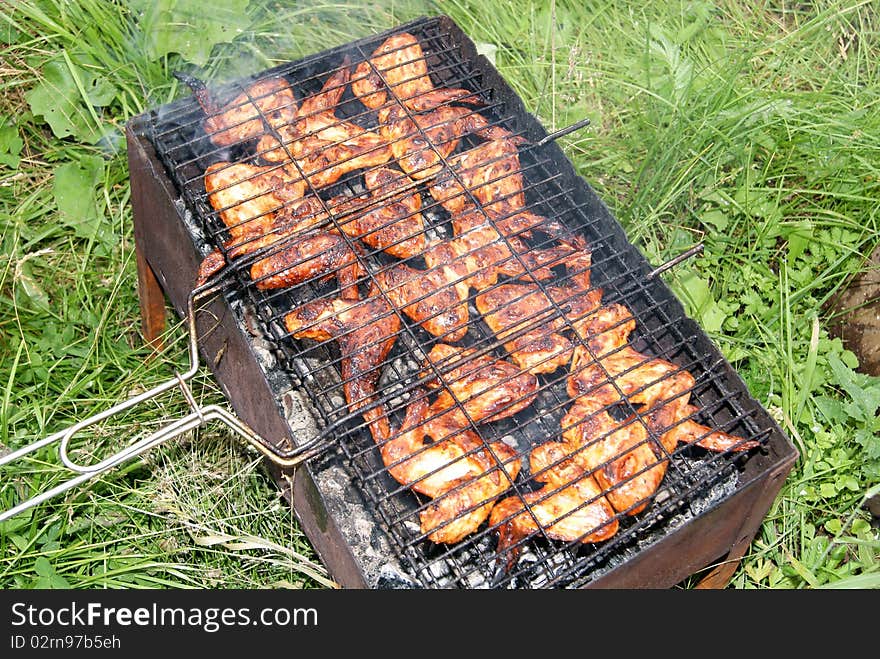 In the summer on a green grass in a brazier fry shish kebabs from a hen