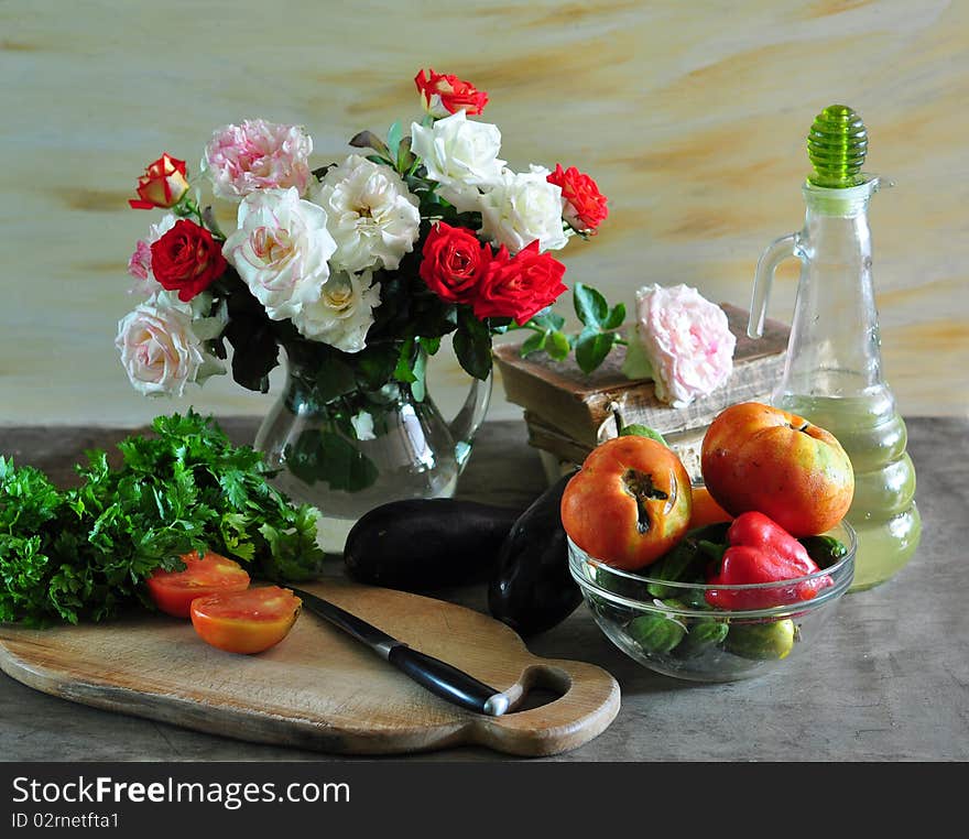 Still Life With Roses And Vegetables