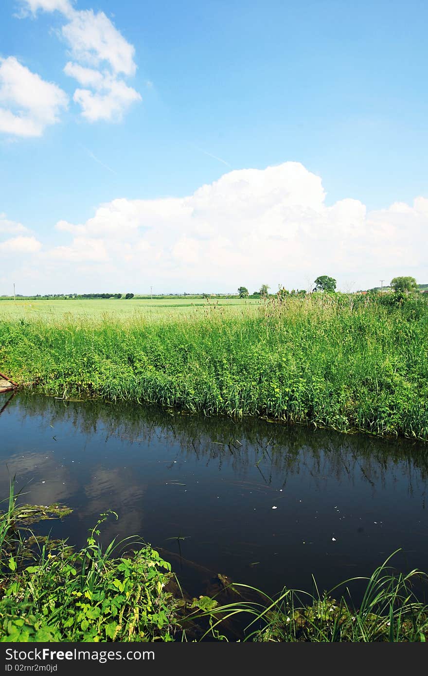 Tranquil grassy field with water and blue sky. Tranquil grassy field with water and blue sky