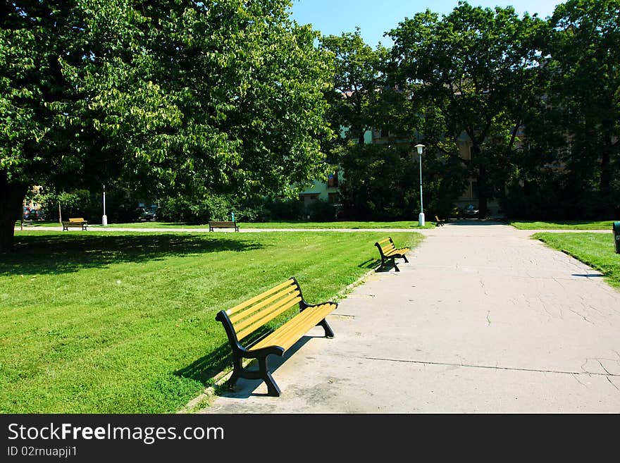 Bench and lamps in tranquil green city park