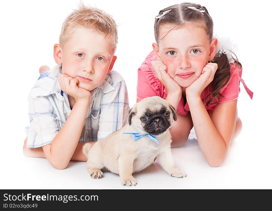 Brother and sister. Isolated on white background