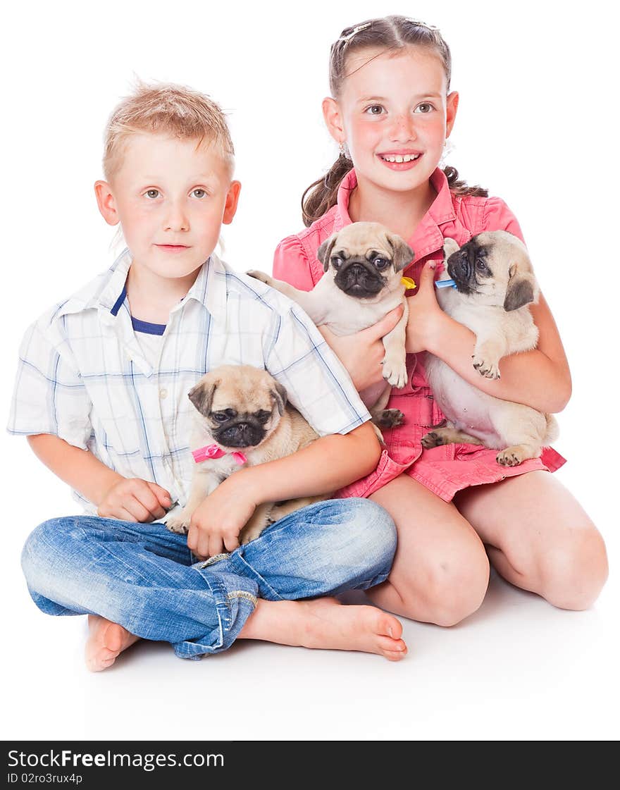 Brother and sister. Isolated on white background