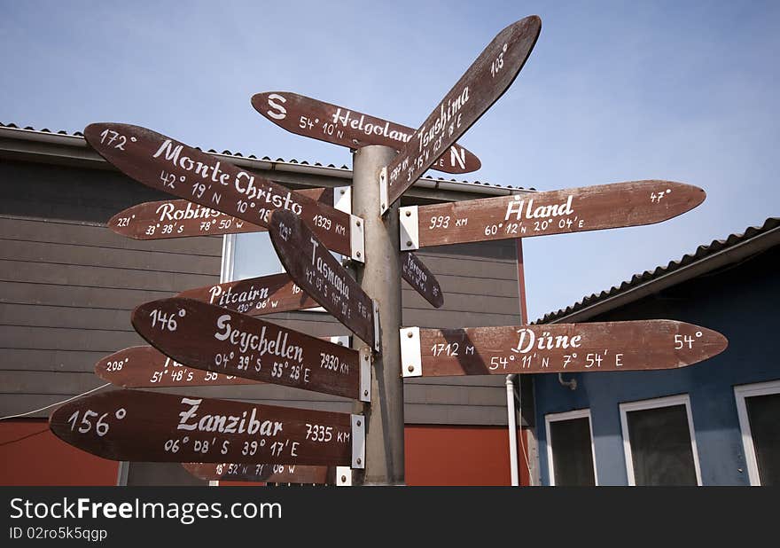 Lot of signs showing to everywhere from Helgoland Island in Germany. Lot of signs showing to everywhere from Helgoland Island in Germany.