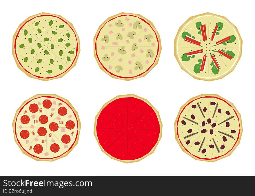 Six italian pizzas with different toppings. Six italian pizzas with different toppings