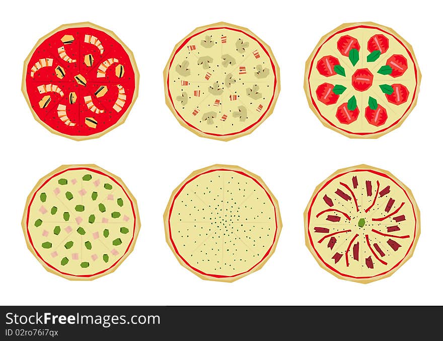 Six italian pizzas with different toppings. Six italian pizzas with different toppings