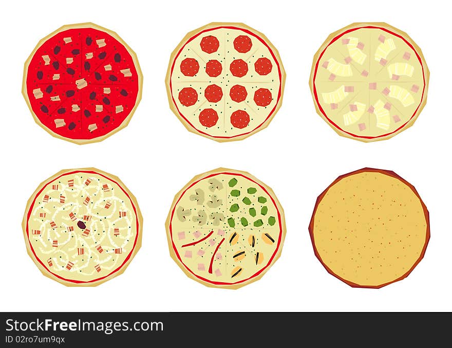 Six italian pizzas with different toppings. Six italian pizzas with different toppings