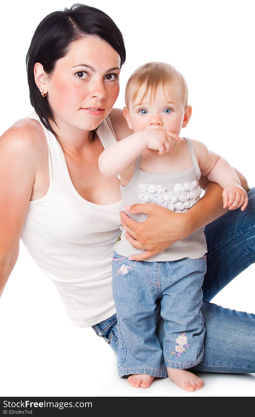 Mother and doughter. Isolated on white background