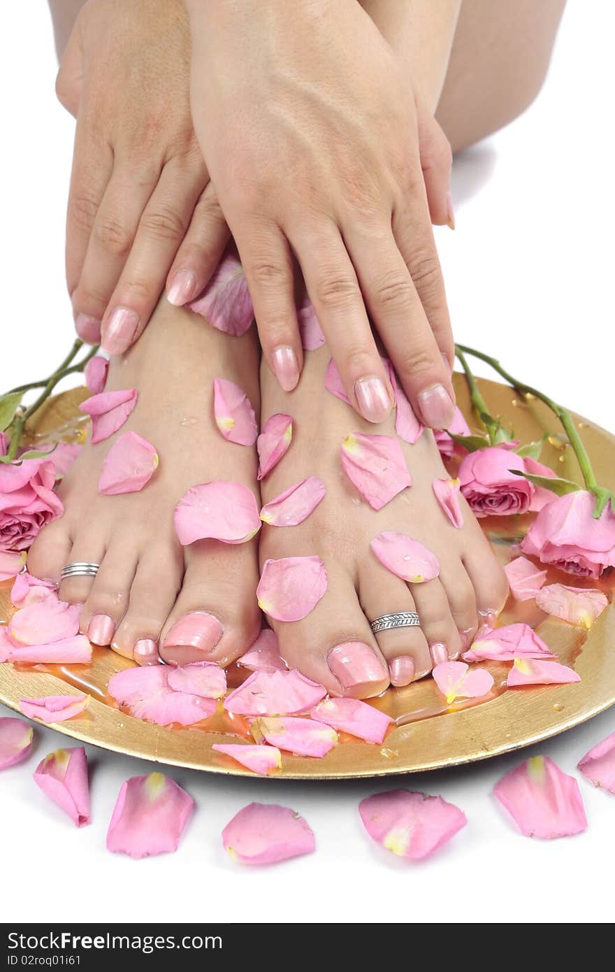 Woman  feet with flowers and  petals over white