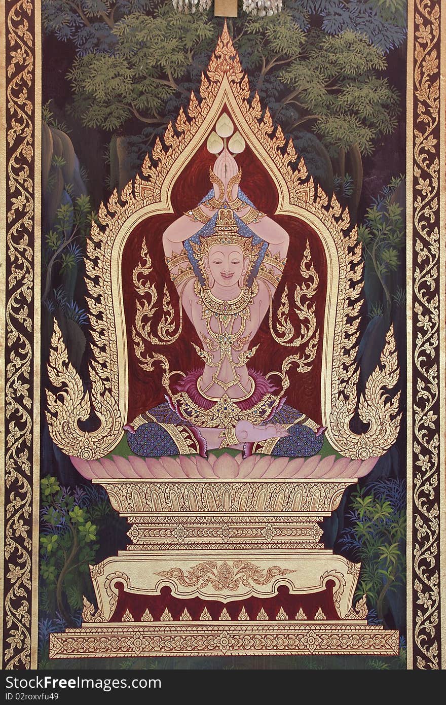 Temple of thailand with Thai painting,Generality in Thailand, any kind of art decorated in Buddhist church, temple pavilion, temple hall, monk's house etc. created with money donated by people to hire artist, They are public domain or treasure of Buddhism, no restrict in copy or use, no name of artist appear (but, if there is artist name, it only for tell who is the artist of work, not for copyright). This photo is taken under these conditions.