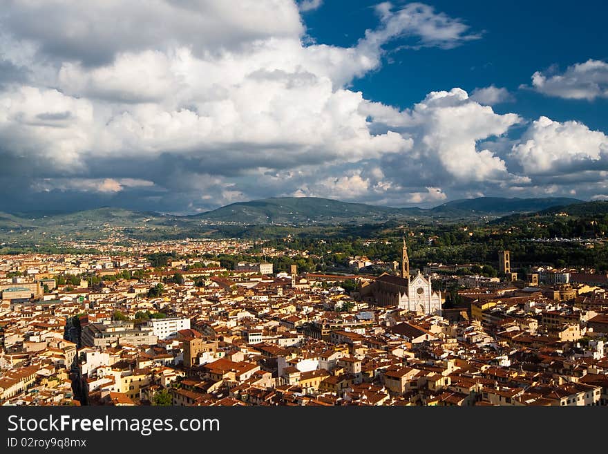 View of roofs with Santa Croce church in Florence. Shooted from viewpoint on Santa Maria del Fiore. View of roofs with Santa Croce church in Florence. Shooted from viewpoint on Santa Maria del Fiore