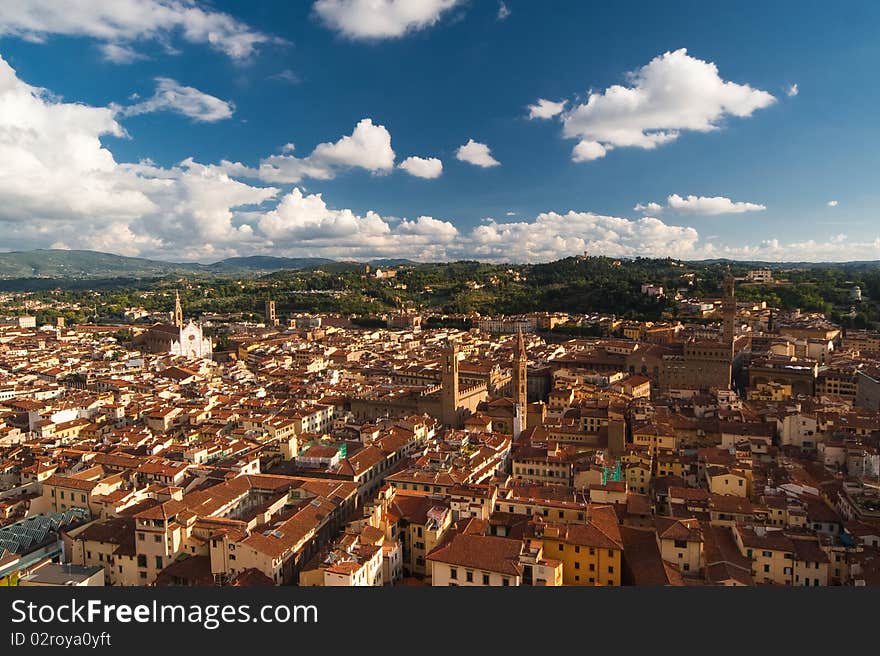 Roofs, Santa Croce church and Town hall of Florence shooted from viewpoint on Santa Maria del Fiore. Roofs, Santa Croce church and Town hall of Florence shooted from viewpoint on Santa Maria del Fiore