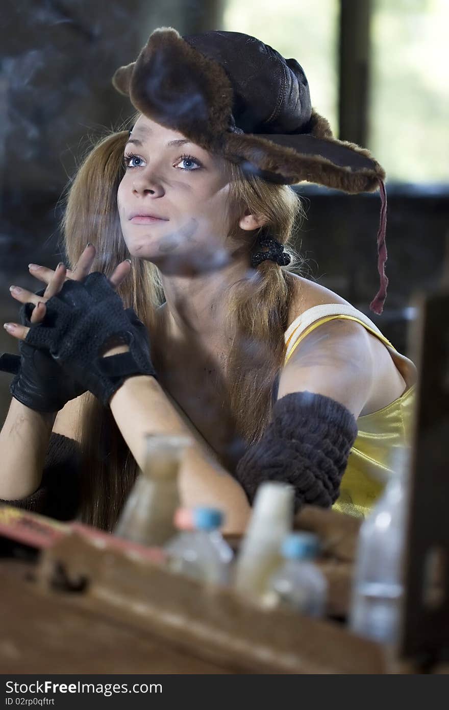 Chemist woman in a dark laboratory