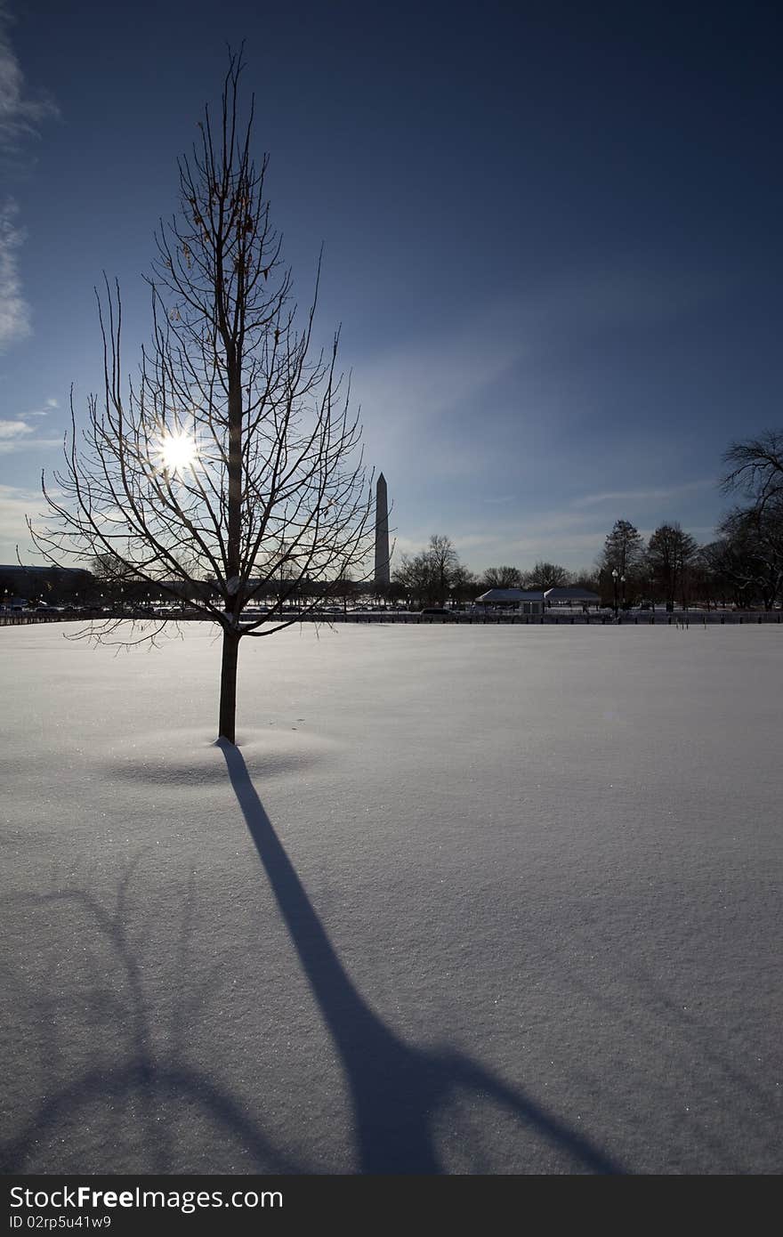 View of the Washington Monument at the back with field covered with Snow in the morning. View of the Washington Monument at the back with field covered with Snow in the morning