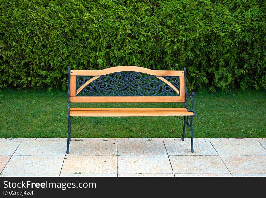 Nice little cast metal and wooden bench in front of the green grass and cypress plantations. Nice little cast metal and wooden bench in front of the green grass and cypress plantations