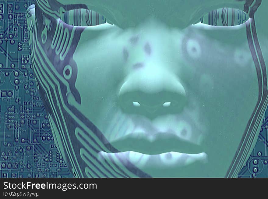 Render of circuit board digital integrated face. Render of circuit board digital integrated face