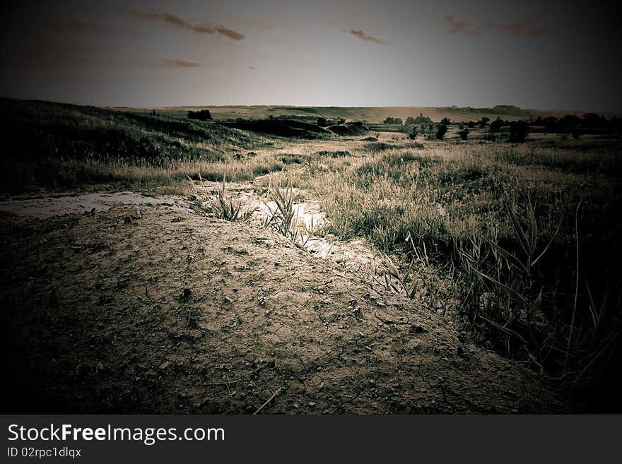 The bed of a dried-up creek covered with salt