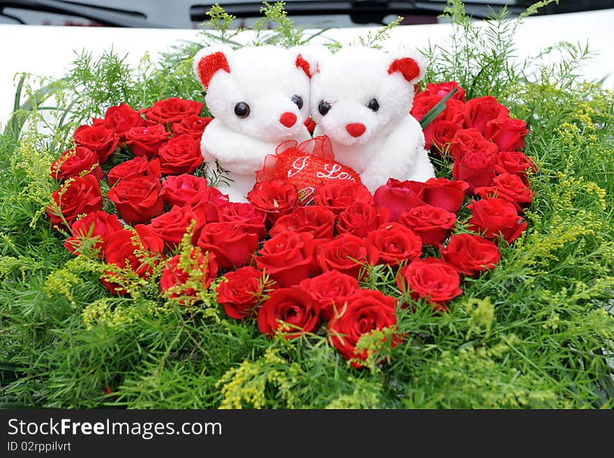 Heart-shaped rose and teddy bear. Heart-shaped rose and teddy bear