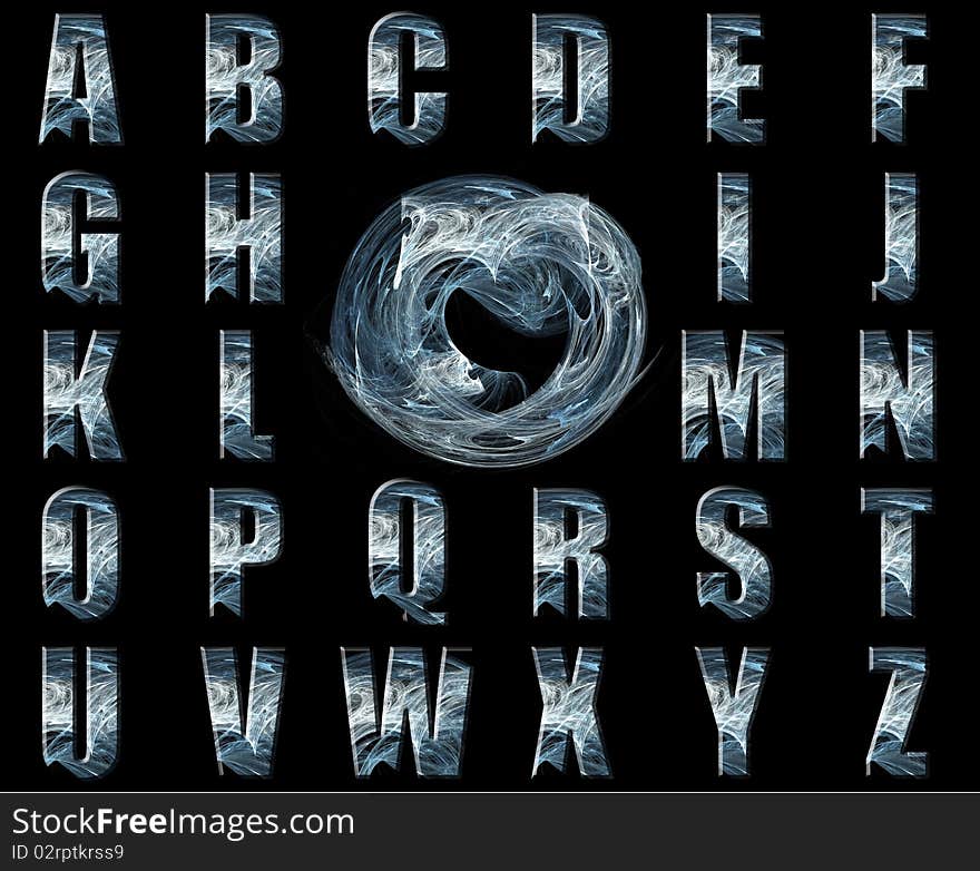 3d Abstract blue nebula style American English Alphabet over black. 3d Abstract blue nebula style American English Alphabet over black.