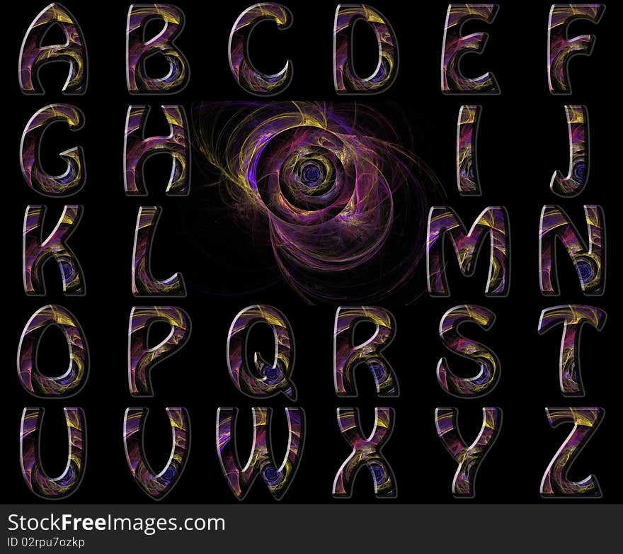 3d Abstract color swirl style American English Alphabet over black. 3d Abstract color swirl style American English Alphabet over black.