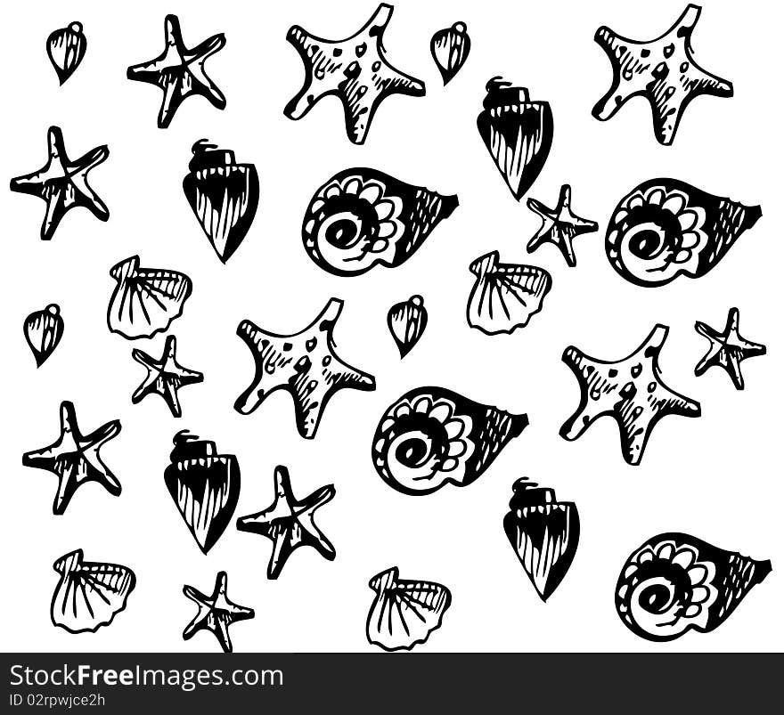 The white image of sea animal stars and cockleshells is black. The white image of sea animal stars and cockleshells is black