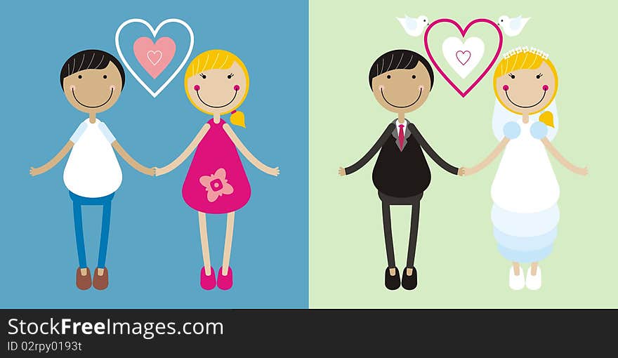 Vector work. couple meets and marries. Vector work. couple meets and marries