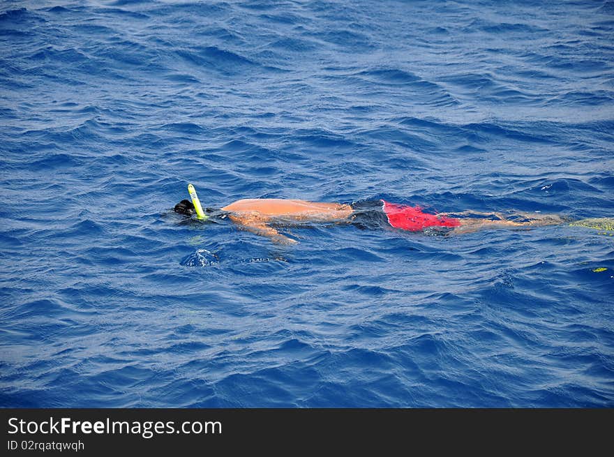 A man snorkeling in the blue sea