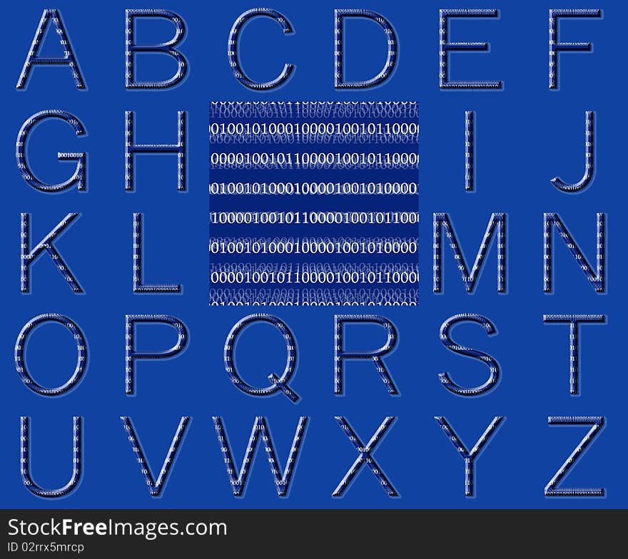 Binary code alphabet with matching background over blue. Binary code alphabet with matching background over blue.