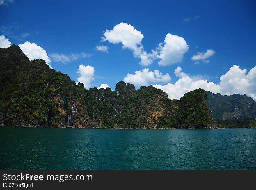 Lake and mountain under the blue sky at Kao Sok, the beautiful place in the south of Thailand.