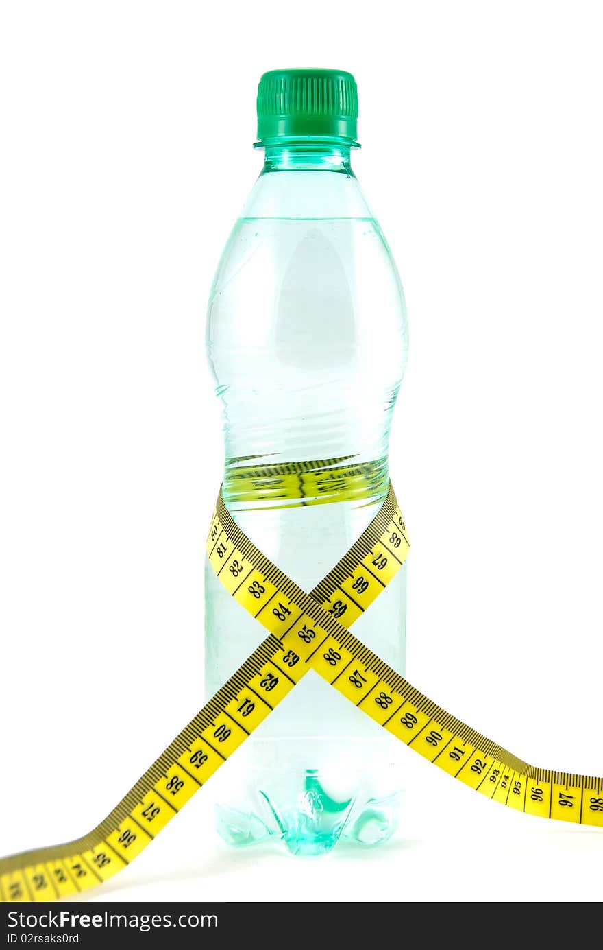 Water bottle & tape measure, isolated on white. Water bottle & tape measure, isolated on white