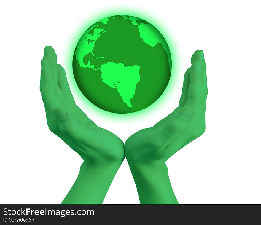 Green hands holding the world globe. Green hands holding the world globe