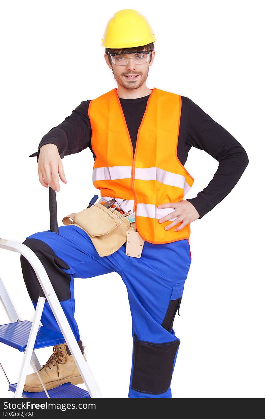 Happy male carpenter posing on white background. Happy male carpenter posing on white background