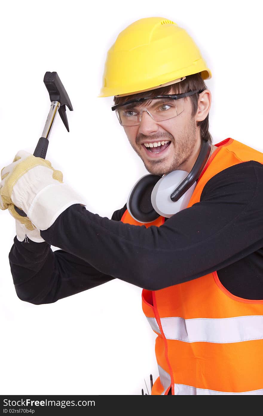 Angry worker with hammer on white background