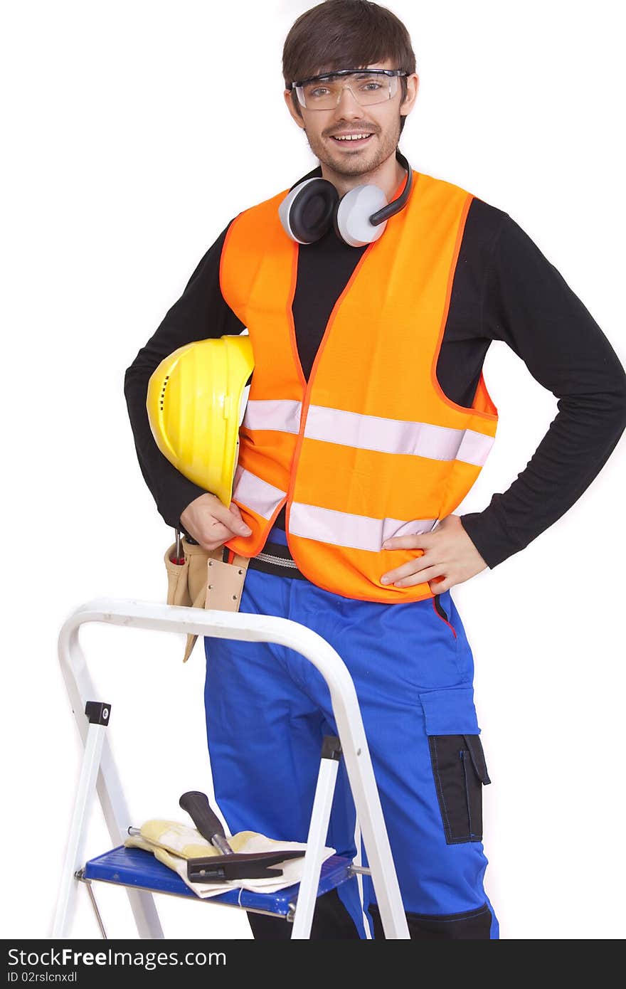 Portrait of happy manual worker on white background