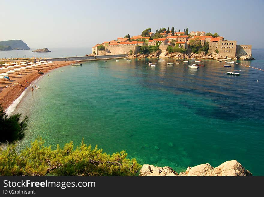 View of picturesque island of Sveti Stefan in Montenegro. View of picturesque island of Sveti Stefan in Montenegro