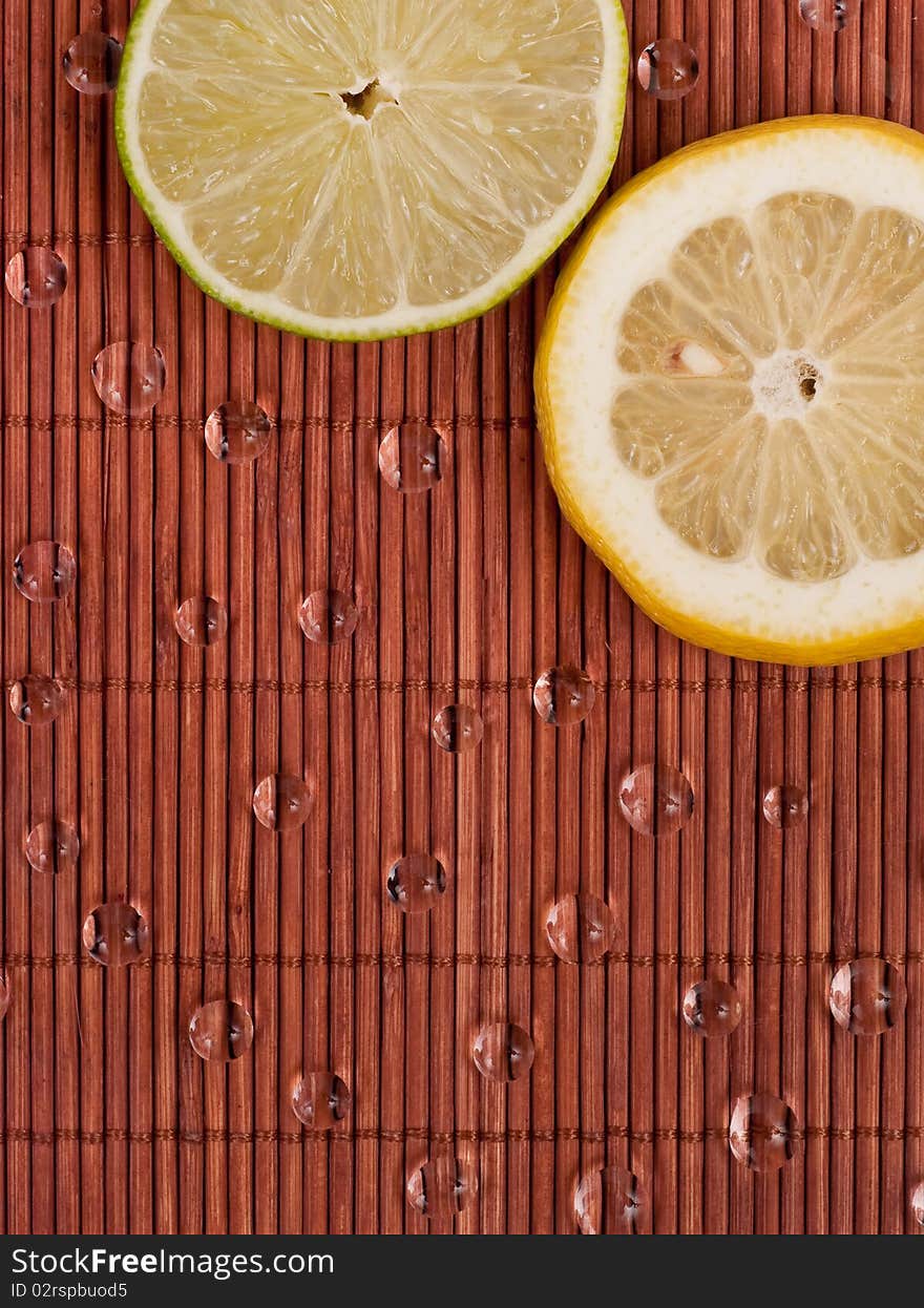 Lemon and Lime Slices and Water Drop Background