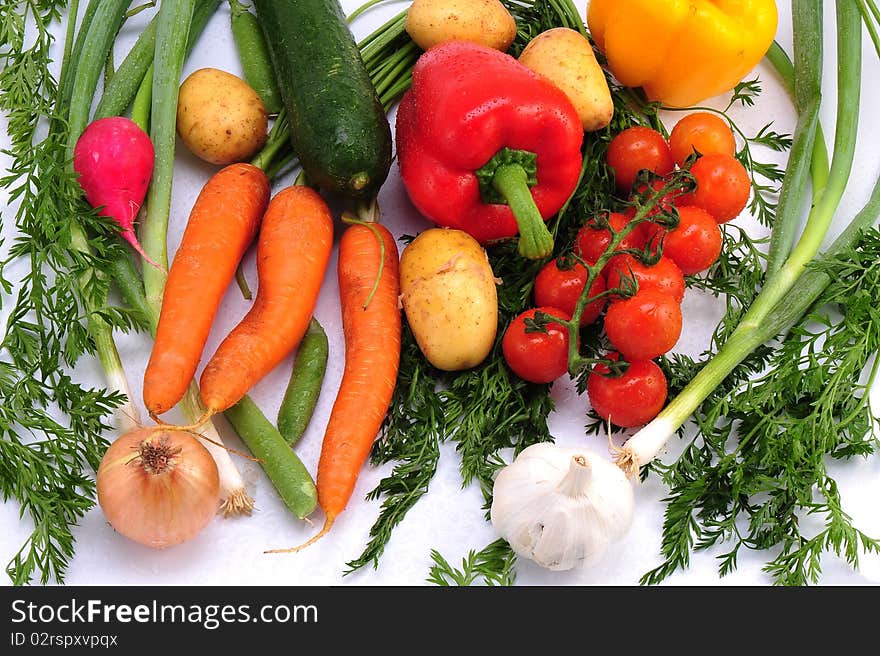 Vegetables collection with tomatos, peppers, cucumber etc.