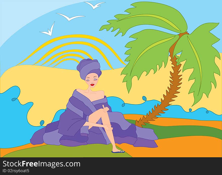 Young girl with towel on her head near palm tree. Young girl with towel on her head near palm tree