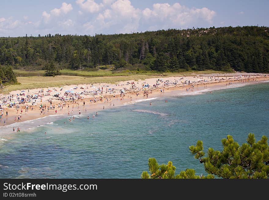 Sand Beach in acadia National Park on a crowded day