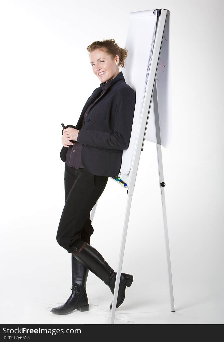 Businesswoman leaning on the whiteboard