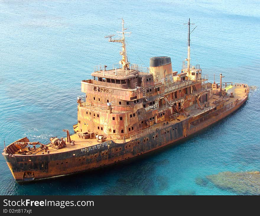 Shipwreck of the Asklipios on the shore of Haouaria / Tunisia in the mountain foot