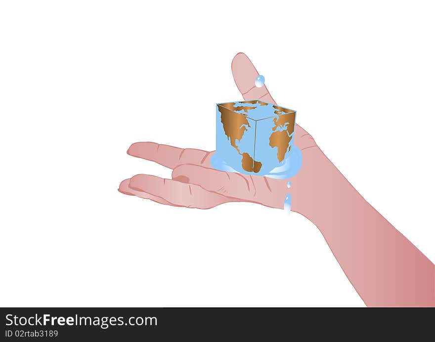 Vector illustration a female hand with a cube in the form of the earth