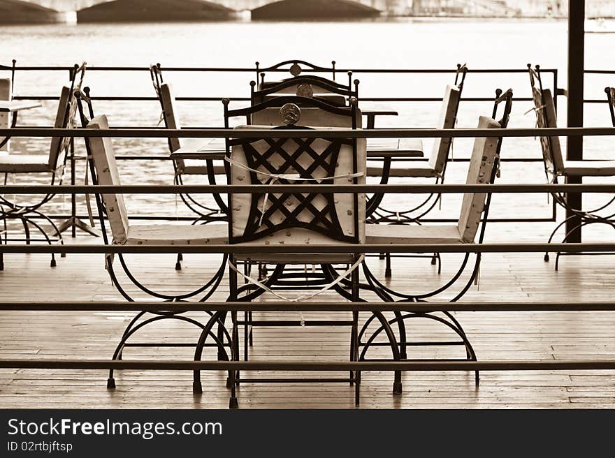 Empty terrace on a pier near the lake