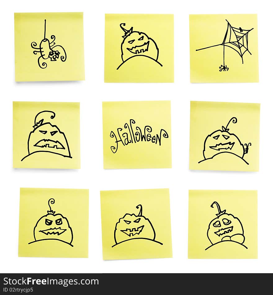 Yellow sticky papers set with some Halloween doodles.Isolated on white background. Yellow sticky papers set with some Halloween doodles.Isolated on white background.