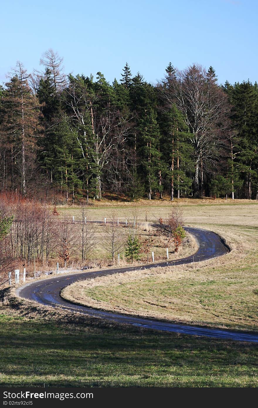 Curve on the road in countryside of Eastern Bohemia